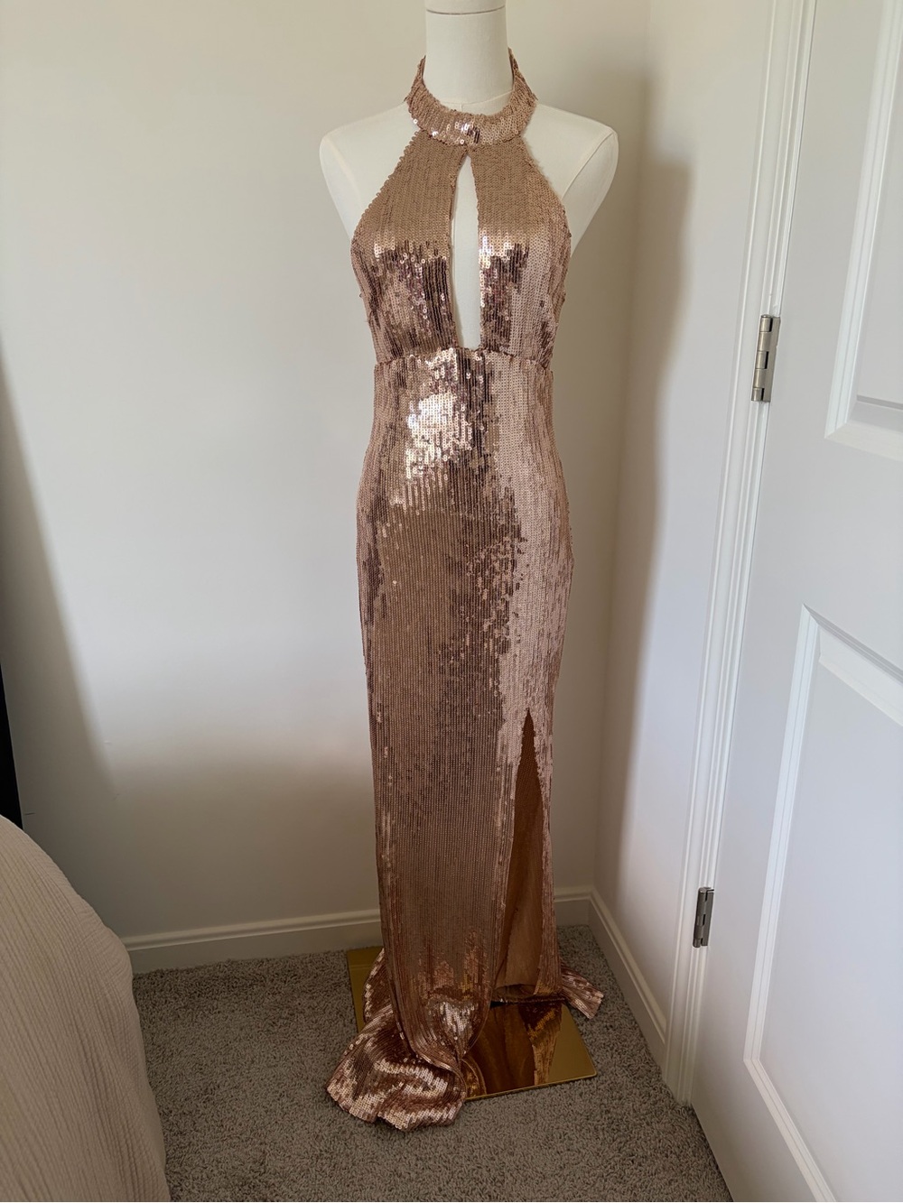 Hot Miami Styles Rose Gold Sequin Halter Gown